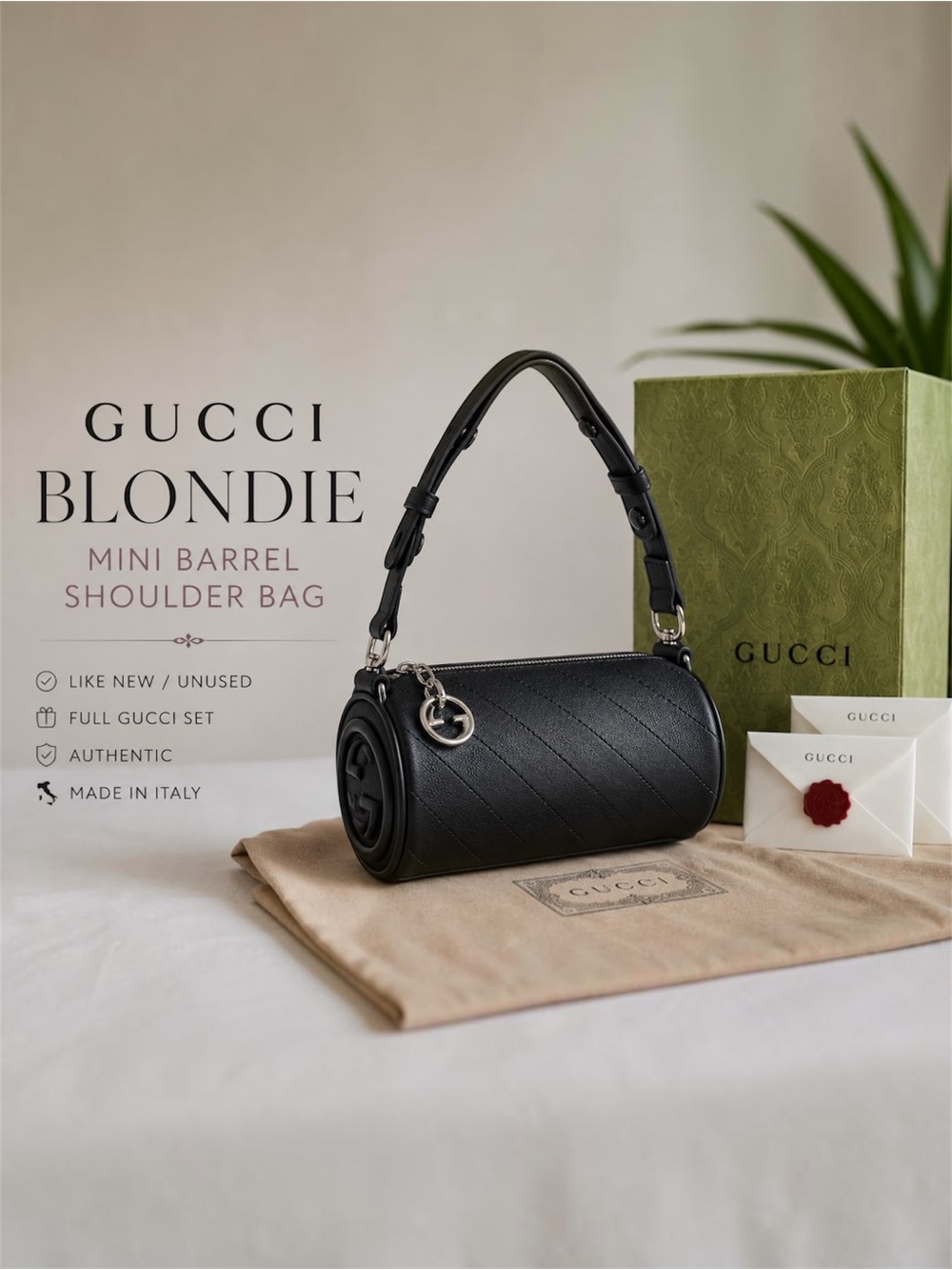 Gucci Blondie Mini Barrel Shoulder Bag Black Matelassé Leather Like New Full Set